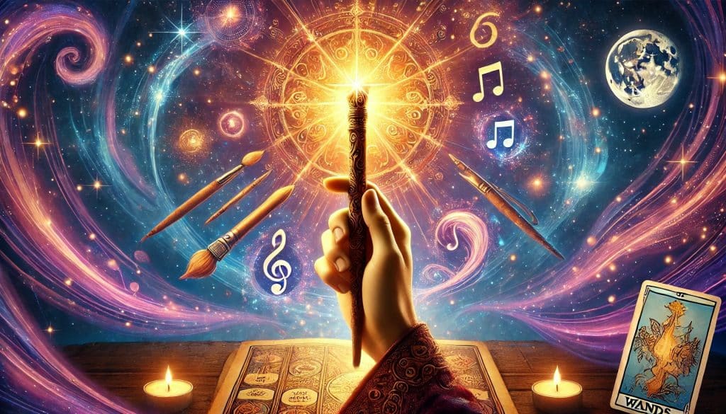 AI-generated image of a hand holding a glowing carved wand from the Tarot Suit of Wands, surrounded by creative symbols, against a starry, magical night sky.