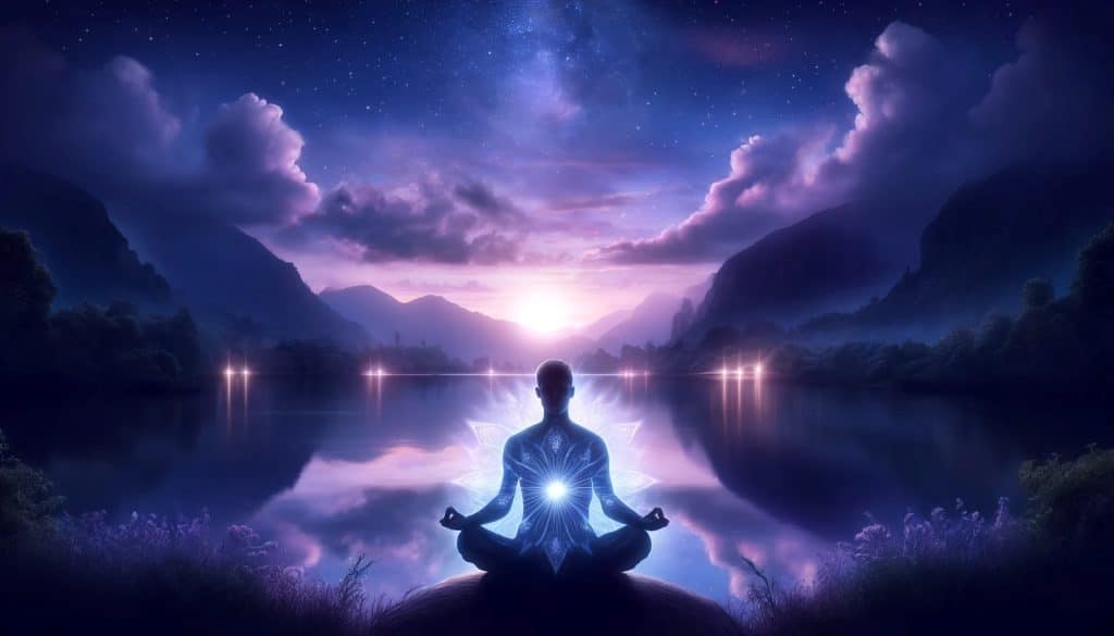AI-generated image of a serene meditation scene by a lake at twilight, featuring a person with a radiant aura amidst a mystical, starry setting, symbolizing psychic abilities.
