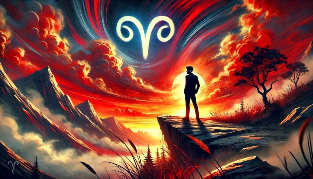 AI-generated image of an Aries man’s silhouette standing confidently on a cliff’s edge, overlooking a fiery sunset with bright red and orange hues, and subtle Aries ram symbols in the dramatic sky.