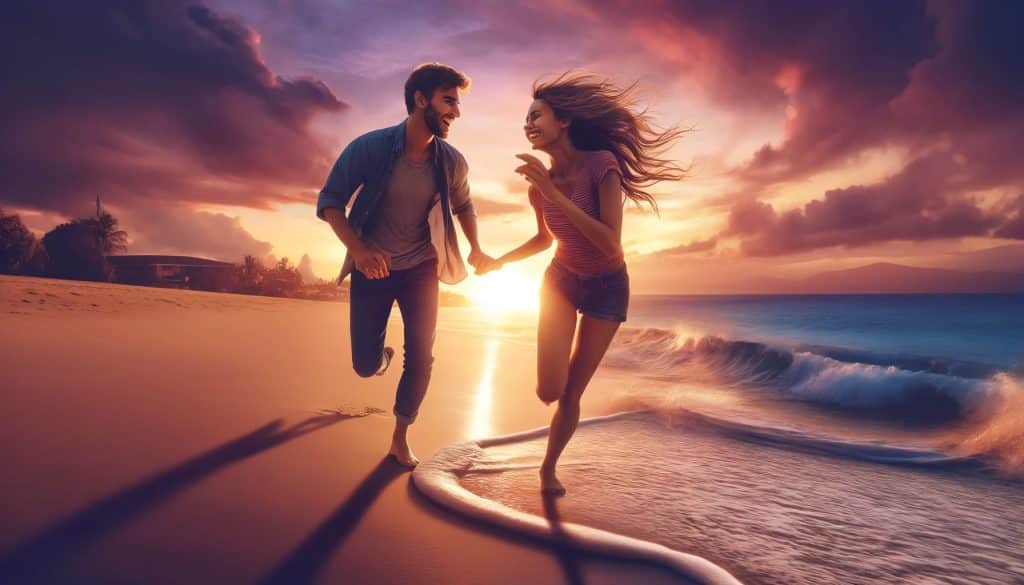 An AI-generated image of a young couple enjoying a playful, romantic moment on a sunset beach epitomizes a summer fling.