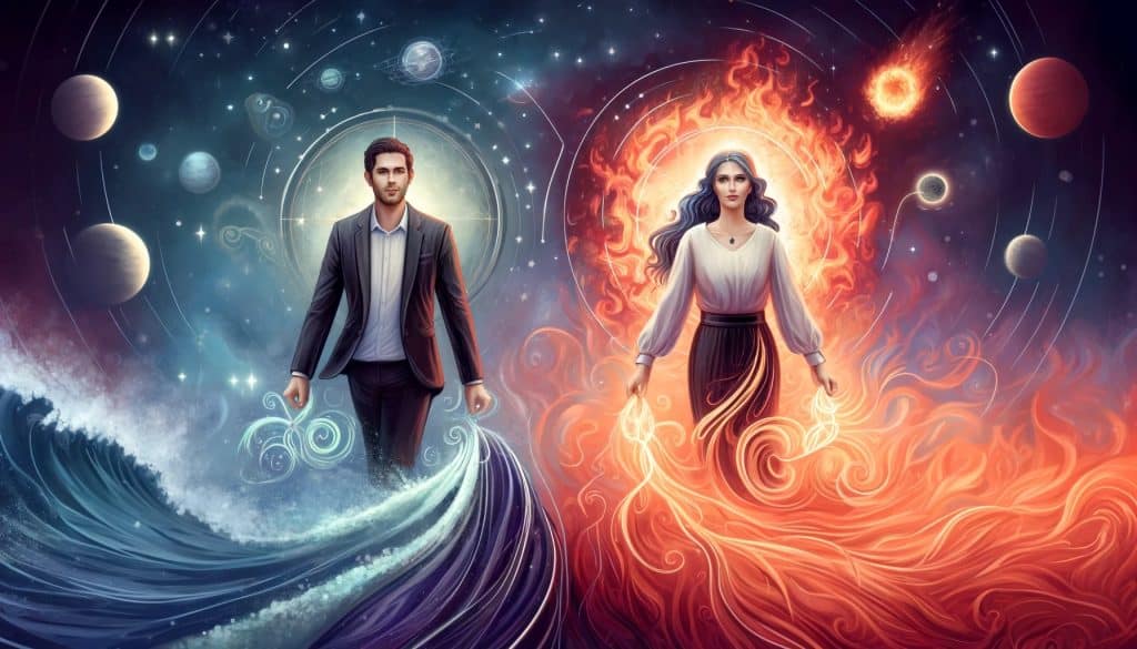 AI-generated image of a Pisces man and an Aries woman with intertwining streams of water and fire.