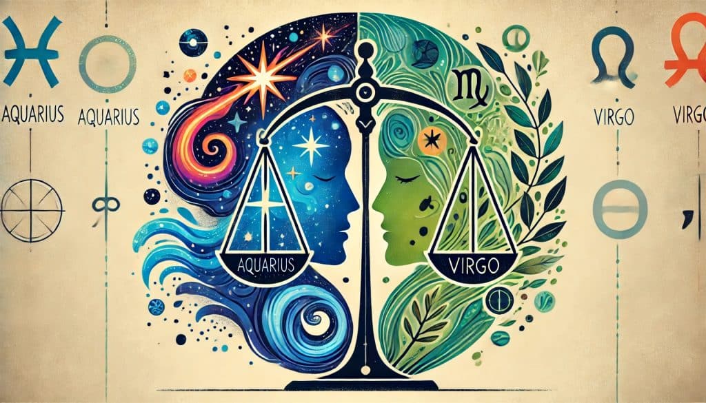 AI-generated image of a balance scale symbolizing Aquarius and Virgo compatibility, with Aquarius symbols on the left and Virgo symbols on the right, blending blue and green tones.