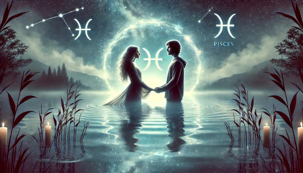 AI-generated image of a Pisces man and woman standing in a tranquil body of water under a starry night sky, holding hands and surrounded by a glowing aura, with Pisces constellations visible in the sky.