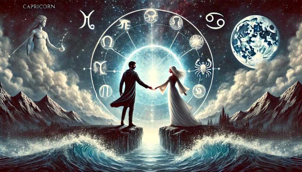 AI-generated image of a Capricorn man and Cancer woman holding hands under a starry sky, with a mountain on one side and water under soft moonlight on the other, symbolizing their balanced astrological connection.