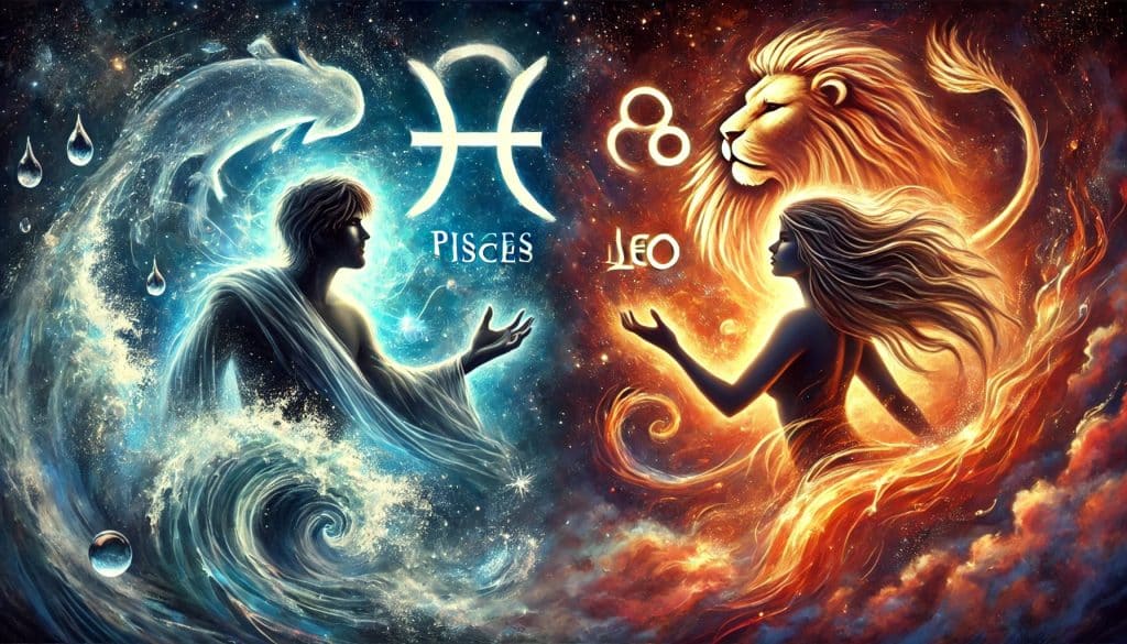 AI-generated image of a mystical scene symbolizing Leo and Pisces compatibility, with water elements representing Pisces and fire elements representing Leo against a starry night sky.