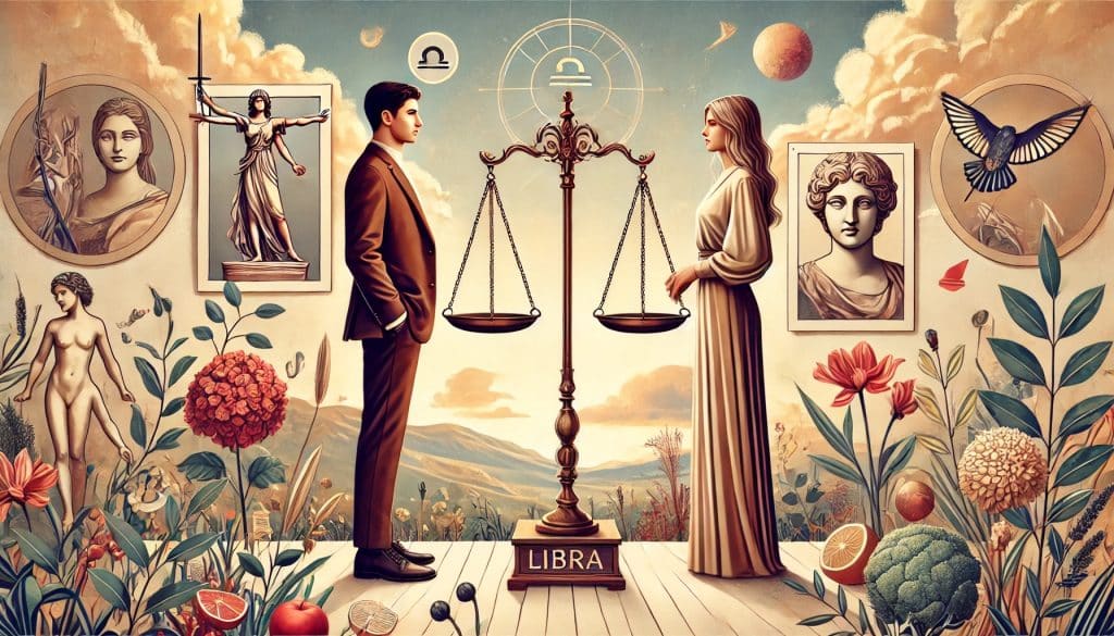 AI-generated image of a Libra man and Libra woman standing together in a harmonious setting, surrounded by scales, flowers, and art pieces, with a serene landscape in the background.