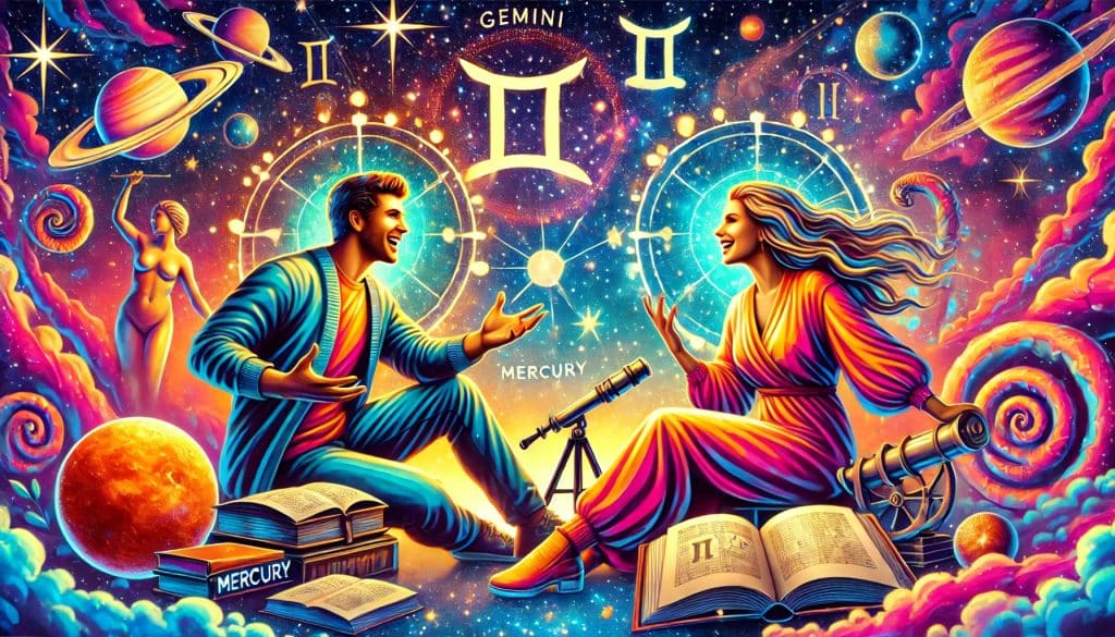 AI-generated image of a Gemini man and woman engaged in lively conversation under a cosmic night sky with stars and planetary symbols, highlighting their intellectual connection, adventurous spirits, and Gemini and Gemini compatibility.