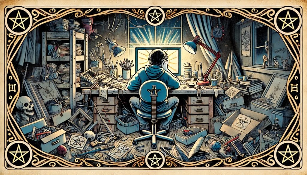 AI-generated image of the Eight of Pentacles reversed tarot card, showing a frustrated person at a cluttered desk with unfinished projects and scattered tools, symbolizing the struggle with perfectionism and dissatisfaction.