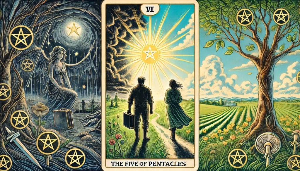 AI-generated image of the Five of Pentacles reversed tarot card showing two figures moving from a stormy environment to a bright landscape, symbolizing recovery and renewal.