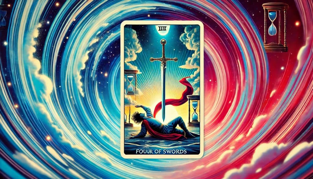 AI-generated image of a reversed Four of Swords Tarot card surrounded by swirling energy, with a gradient background from blue to red, depicting a transition from rest to action with a rising figure, sword, and hourglass.