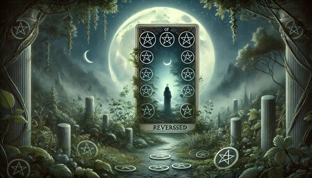 AI-generated image of the Seven of Pentacles Reversed tarot card in a moonlit garden with an ethereal glow.