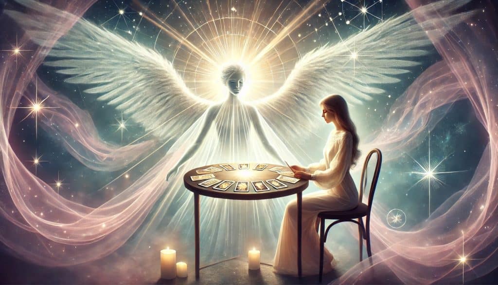 AI-generated image of a serene figure at a table during an angel card reading, surrounded by ethereal light, with a transparent angel hovering above, symbolizing spiritual guidance.