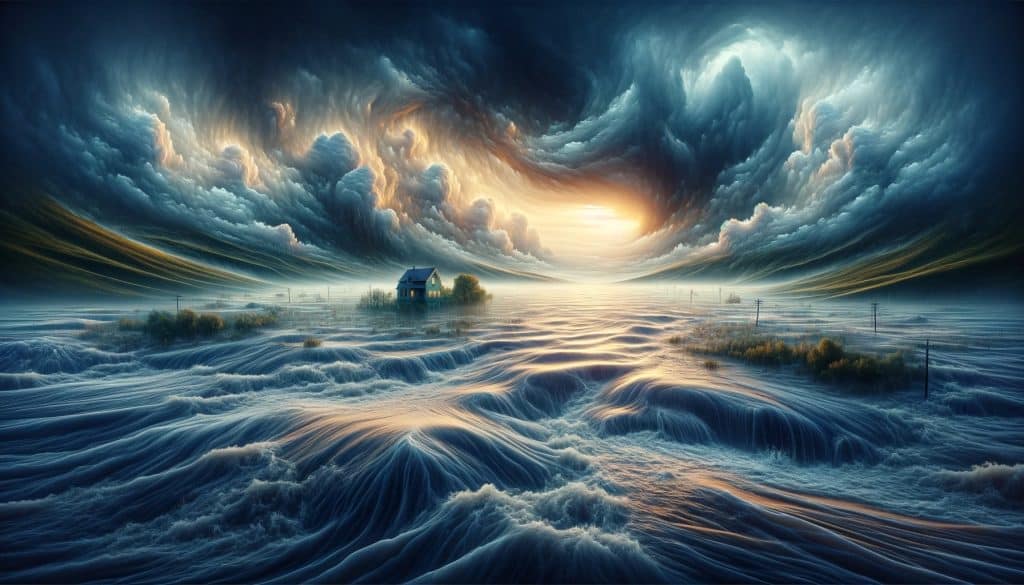 AI-generated image of a surreal landscape with rising floodwaters engulfing gentle hills and a quaint house under a stormy sky with a hint of sunlight, emphasizing the emotional turmoil of a flood dream.