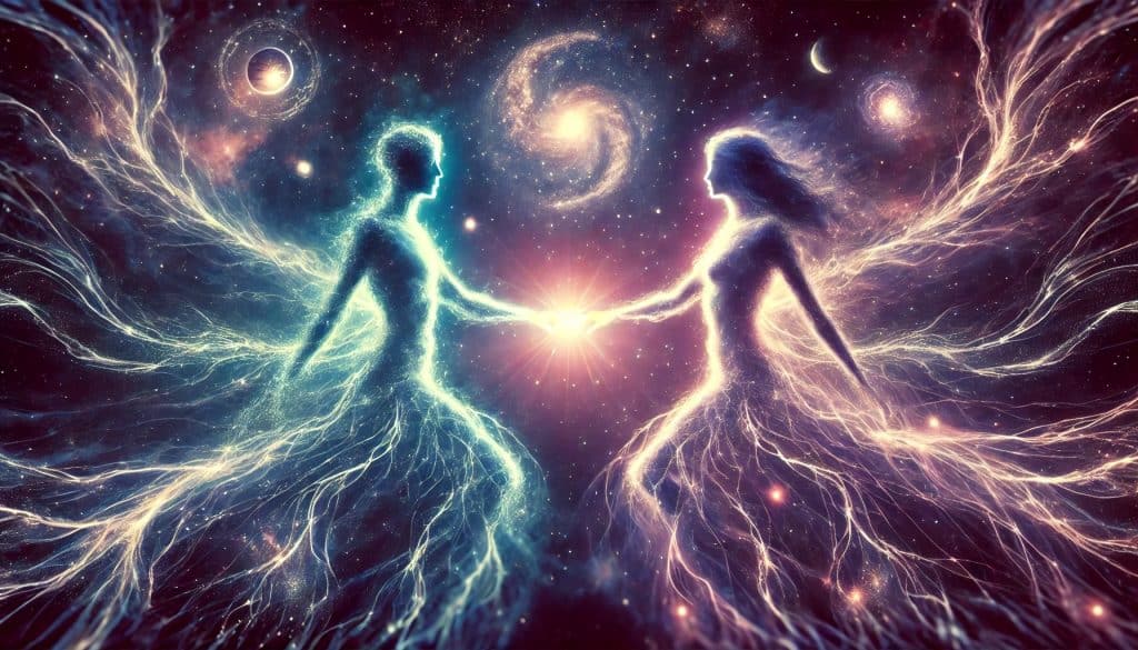 AI-generated image of two glowing silhouettes intertwined against a cosmic background, with radiant energy lines connecting them, symbolizing the intense spiritual bonds of karmic soulmates.