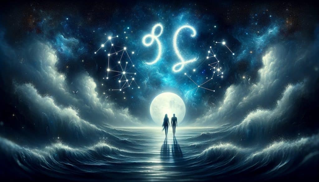 AI-generated image of a magical, celestial setting depicting the compatibility between Cancer and Pisces, with two abstract silhouettes on a moonlit shore under a starry sky, evoking a deep emotional connection and harmony.