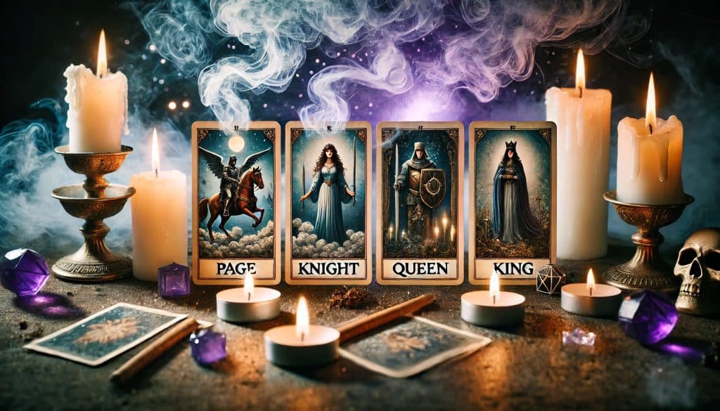 AI-generated image of four court cards tarot labeled Page, Knight, Queen, and King on a wooden table, with glowing candles and swirling smoke in a mystical purple and blue glow.