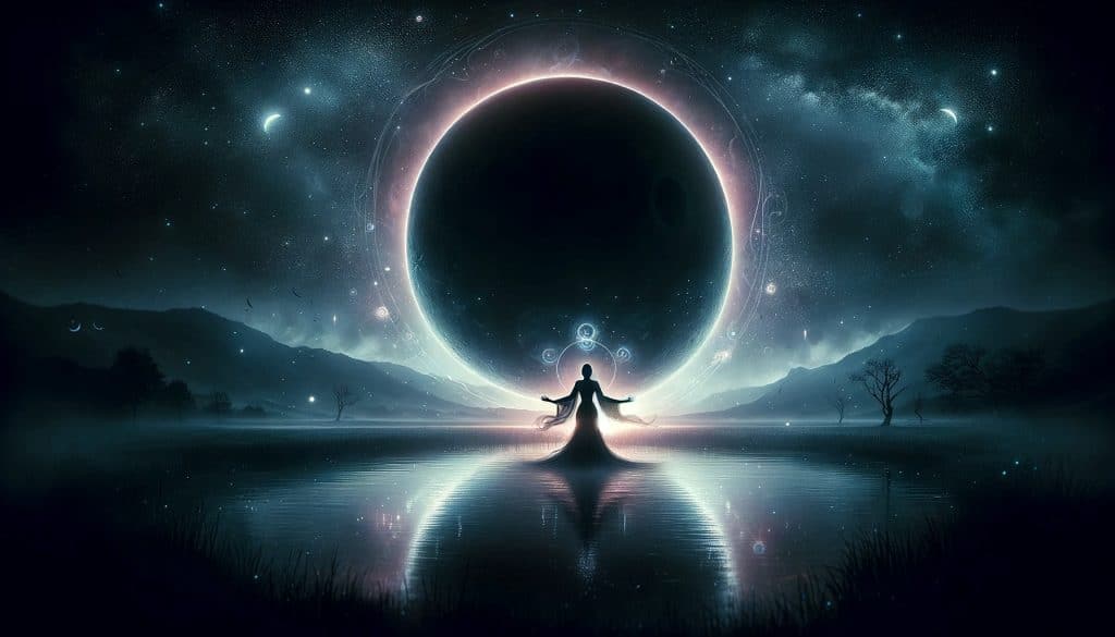 AI-generated image of a mystical night landscape featuring a large, glowing black moon in a starry sky and a shadowy figure representing the Lilith sign, symbolizing the exploration of hidden desires and darker personality traits.