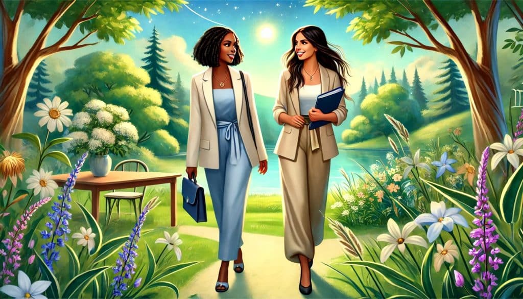 AI-generated image of two women walking together in a park, representing Virgo and Capricorn. The Virgo woman, meticulous and carrying a notebook, and the Capricorn woman, confident and holding a planner, are engaged in a meaningful conversation, surrounded by lush greenery, colorful flowers, and a calm lake in the background.