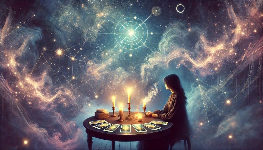 AI-generated image of a person reading tarot cards by candlelight, with cosmic constellations and light rays creating a mystical atmosphere.