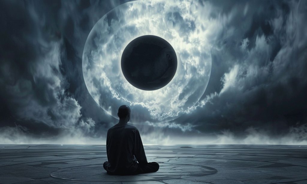 man sitting in front of black aura moon