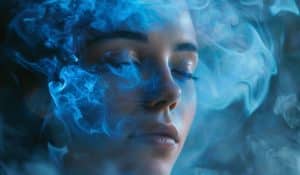 attractive female face surrounded by blue aura