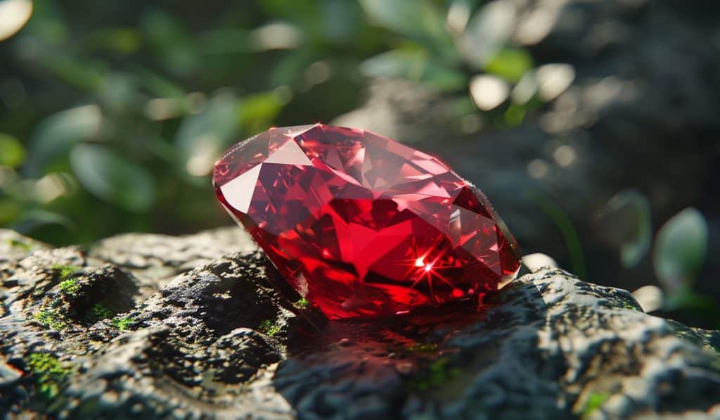 ruby birthstone on a rock in nature