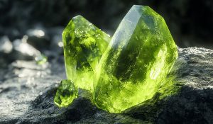 Peridot birthstones laying on rocks in sunlight