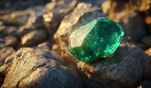 emerald birthstone laying on rocks in the sun naturually