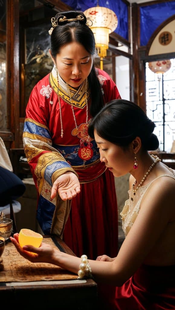 two woman performing chinese palm reading