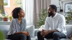 black advisor sitting providing intimacy coaching for black female