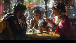 psychic teller performing a session happily at a table with man